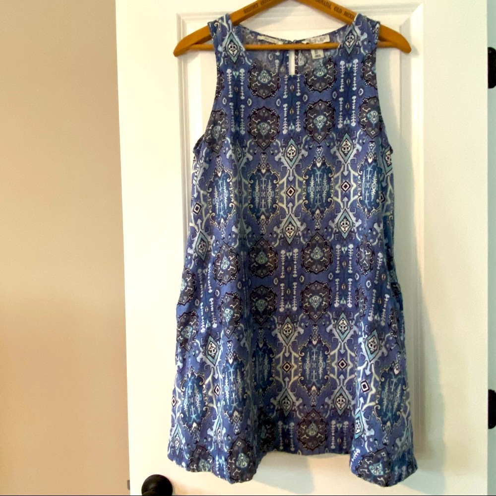 Rachel Zoe Ikat Print Linen A-line Dress w Pockets! Blue Grey Black & White Lg